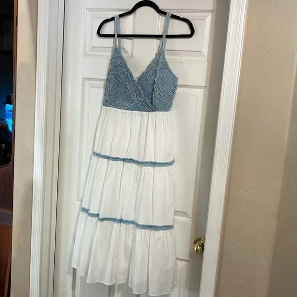 SOLD - Sexy Frayed Denim and White Cotton Sundress - Picture 5 of 12